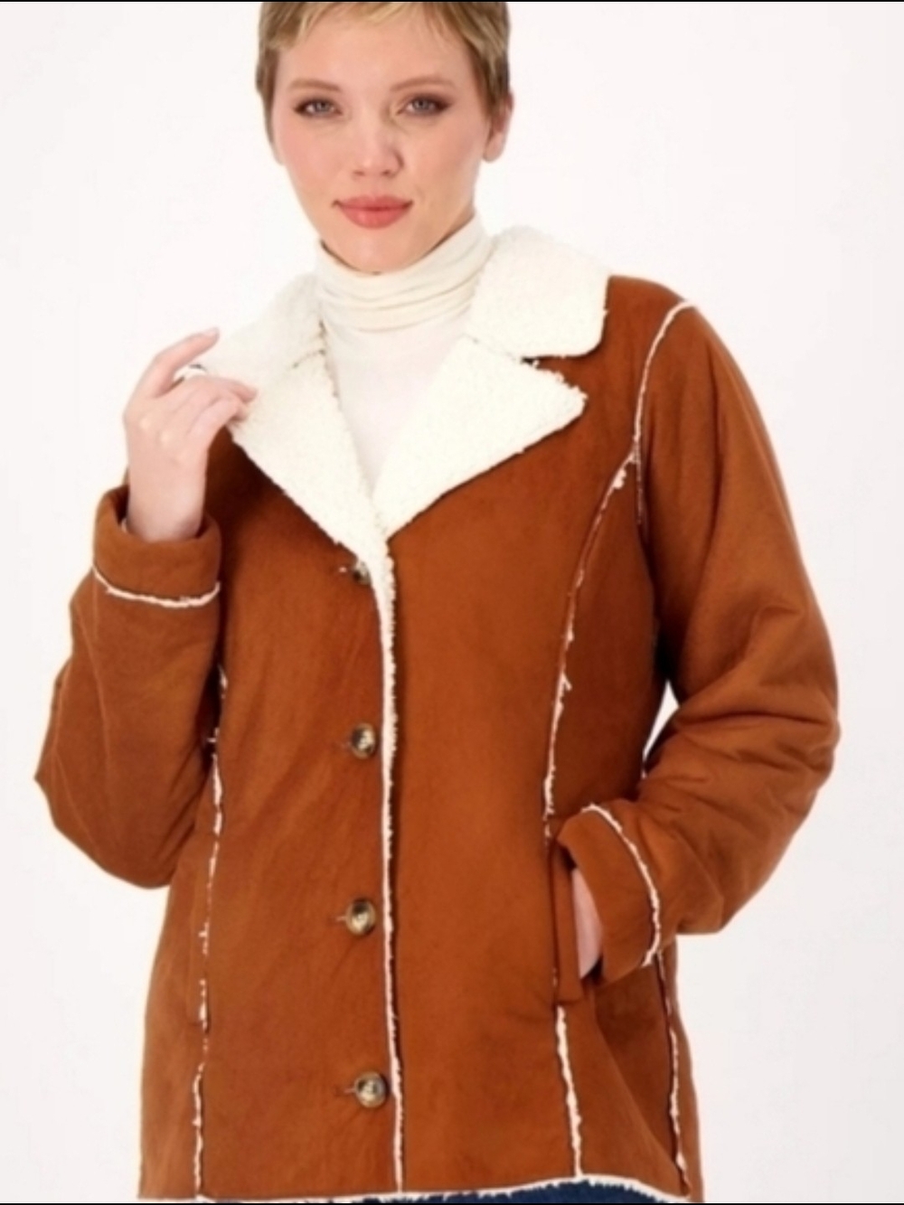 Susan Graver Weekend Burnt Orange Faux Suede Fleece Sherpa Coat Size Large NWOT